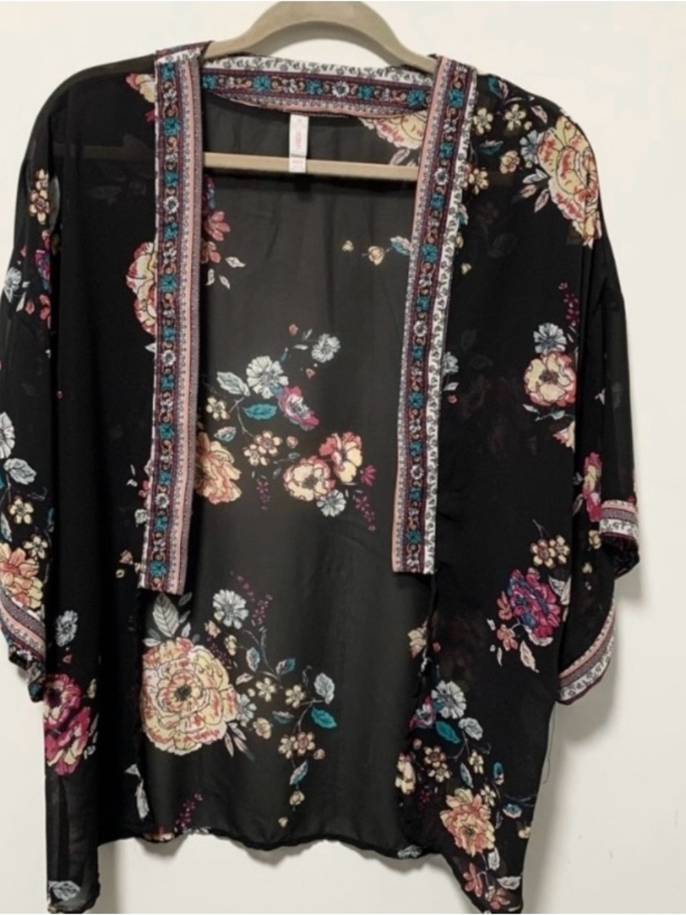 Xhilaration Black Sheer Floral Trim Kimono